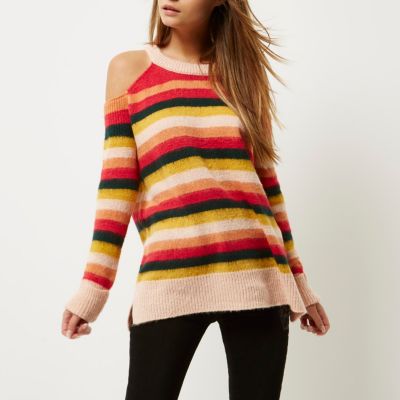 Pink stripe knit cold shoulder jumper